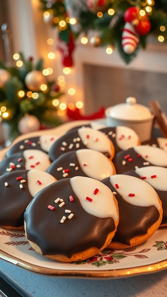 A plate of black and white Christmas cookies, half chocolate-coated and half vanilla-iced, with festive decorations.
